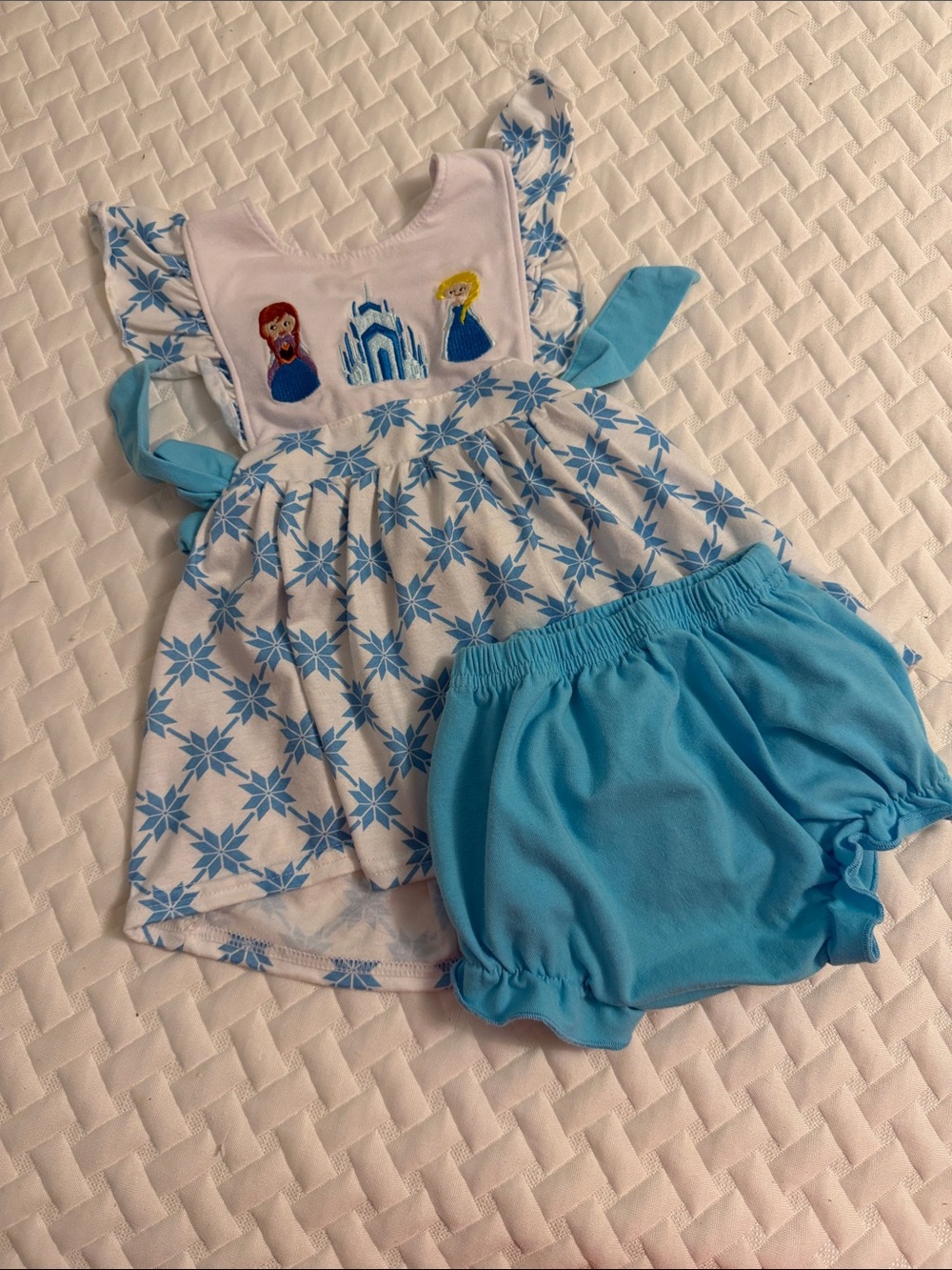 Girls Blue & White Snowflake Dress with Blue Bloomers